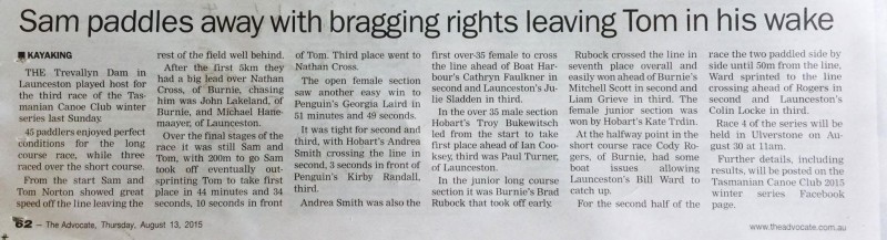 Kayaking report Trevallyn from the Advocate newspaper